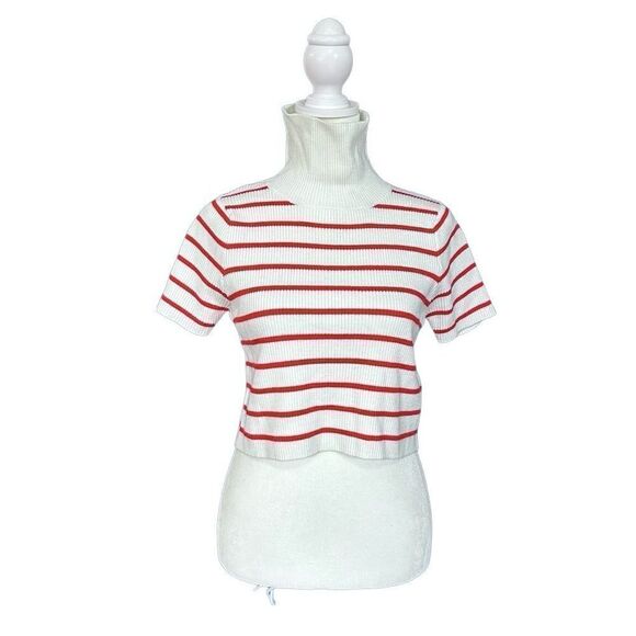 Callahan Lucy Red & White Stripe Turtleneck Short Sleeve Cropped Sweater Size XS - Picture 1 of 11
